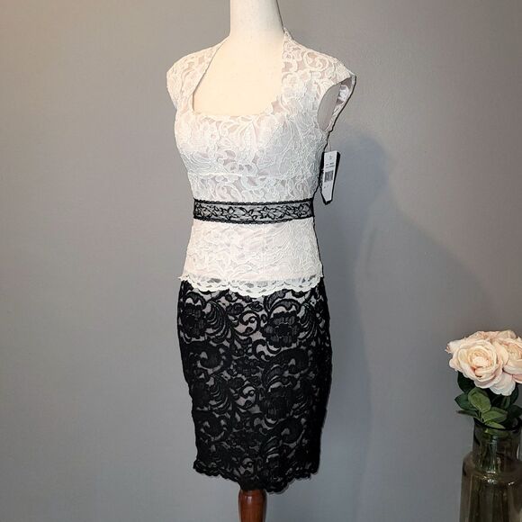 JAX Two Toned Ivory/Black Lace Fitted Dress with Lace Belt Size 2 - Picture 1 of 9